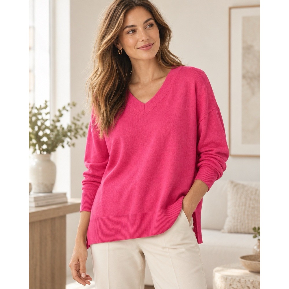 Chelsea28 Women M Hot Pink V Neck Cashmere Blend Oversized Pullover Sweater